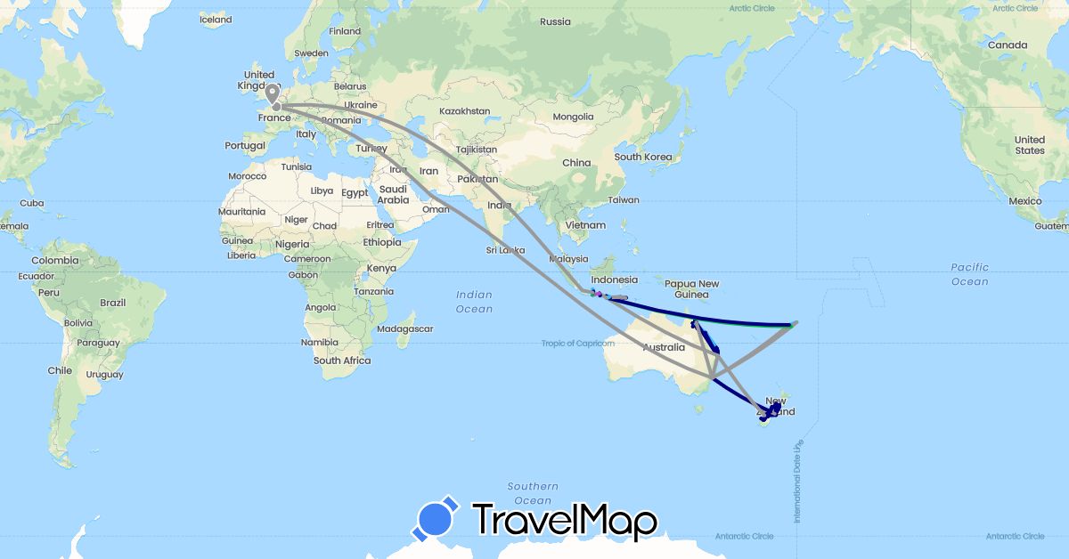 TravelMap itinerary: driving, bus, plane, train, boat, hitchhiking in United Arab Emirates, Australia, Fiji, France, Indonesia, New Zealand (Asia, Europe, Oceania)
